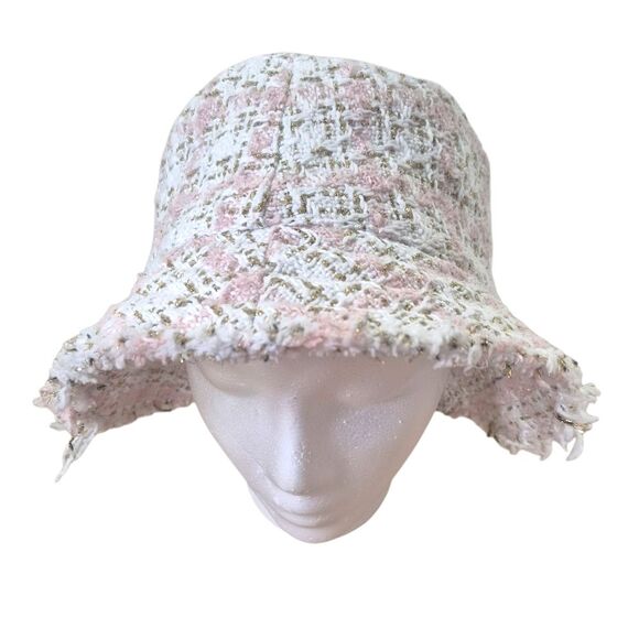 Chic White Pink Tweed Bucket Hat Y2K Coquette Textured Preppy Lined One Size - Picture 1 of 5
